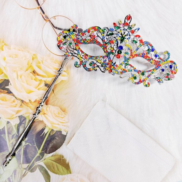 Rainbow Masquerade Mask, Crystal Handheld Mask, Silver Mask, Prom Mask, Pride - Picture 4 of 10